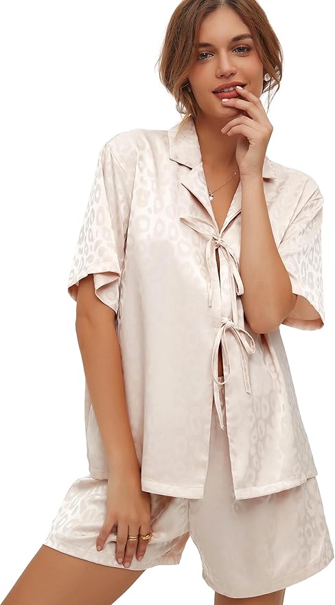 CHYRII Women's Silk Satin Pajamas Sets Tie Front Short Sleeve Tops and Shorts Two Piece Pj Sets Sleepwear