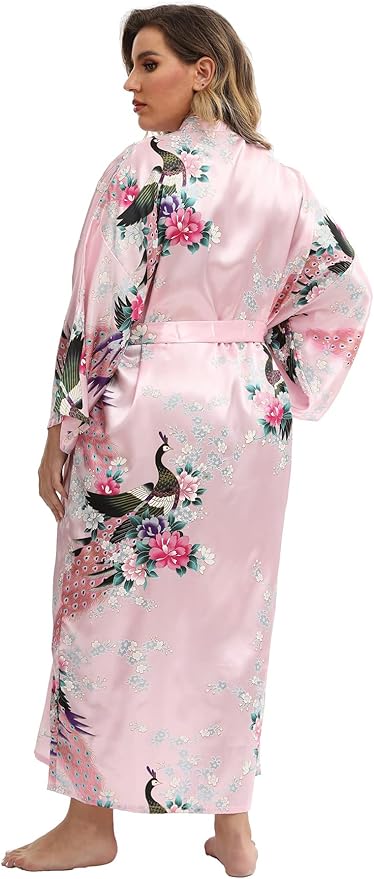 Women's Floral Long Satin Robes Plus Size Long Silk Robes Peacock Floral Kimonos Sleepwear Dressing Gown