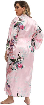 Women's Floral Long Satin Robes Plus Size Long Silk Robes Peacock Floral Kimonos Sleepwear Dressing Gown