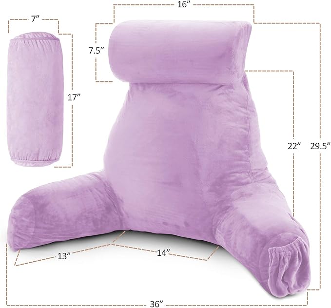 Clara Clark Reading Pillow with Shredded Memory Foam Includes 2 Neck and Lumber Support Pillows, Designed for Sitting Up in Bed and Couch, Back and Arms Adjustable Support for Adults & Teens, Lavender