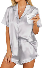 HOTOUCH Womens Satin Pajamas Set Button Down 2 Piece Silk Pjs Shorts Set Ruffle Lingerie Notch Collar Sleepwear