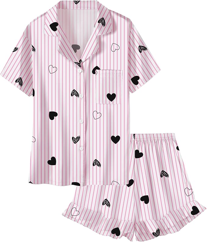 Umeyda Girls & Women Satin Pajamas Set Button Down 2 Piece Silk Pjs Shorts Set Ruffle Sleepwear, 5 Years-Women L