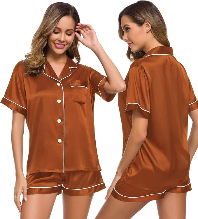 SWOMOG Womens Silk Satin Pajamas Set Short Sleeve Sleepwear Button Down Top and Shorts Loungewear 2 Piece Pjs Set XS-3XL