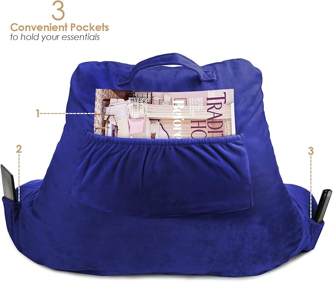 Clara Clark Reading Pillow for Kids & Teens with Shredded Memory Foam, Backrest Pillows for Reading, Watching, and Gaming Use on Couch, Bed, or Floor, Adjustable Support with Washable Cover Royal Blue