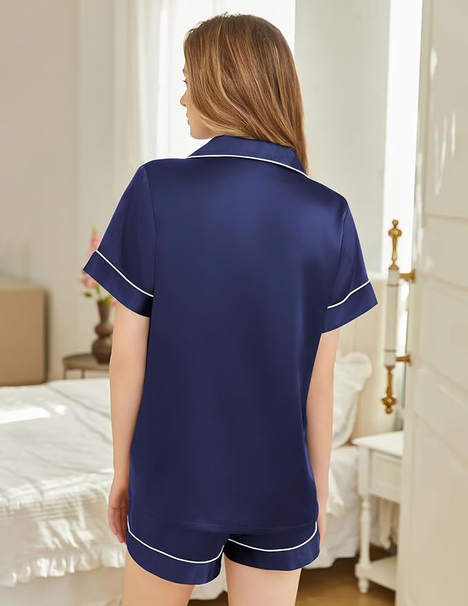 Silk Pajamas for Women Short Sleeve Sleepwear Soft Button Down Loungewear 2 Piece Satin Pjs Shorts Set S-XXL