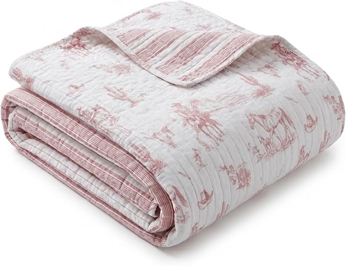 Rod's True Western Dusty Rose Cowgirl Twin Quilt, Vintage Western Toile Bedding, Pink and White, Reversible Cotton Quilt, 68x86 Inch