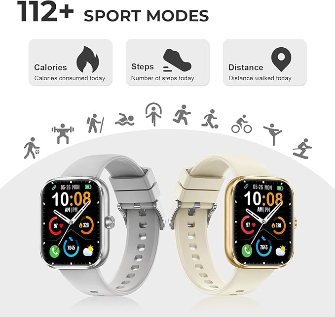 Smart Watch for Men Women, 1.83" HD Touchscreen Fitness Watch with Bluetooth Call & Message Notifications, 110+ Sport Modes, 24/7 Heart Rate/Sleep Monitor, IP68 Waterproof Fitness Tracker, Silver Gray
