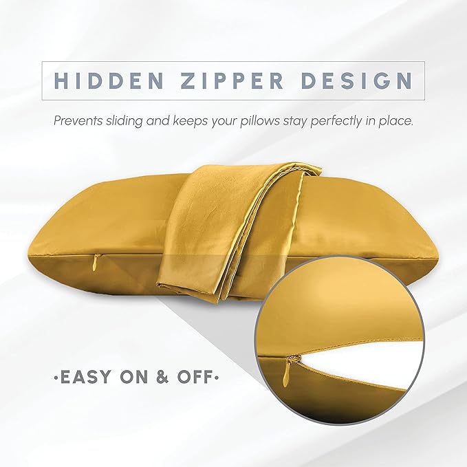 Elegant Comfort 2-Pack Cooling Viscose Satin Pillowcase Set with Hidden Zipper Closure, Silky Smooth for Best Hair and Skin Care-Beautiful Gift Box-2-Piece Satin Pillowcase Set, Standard/Queen, Gold