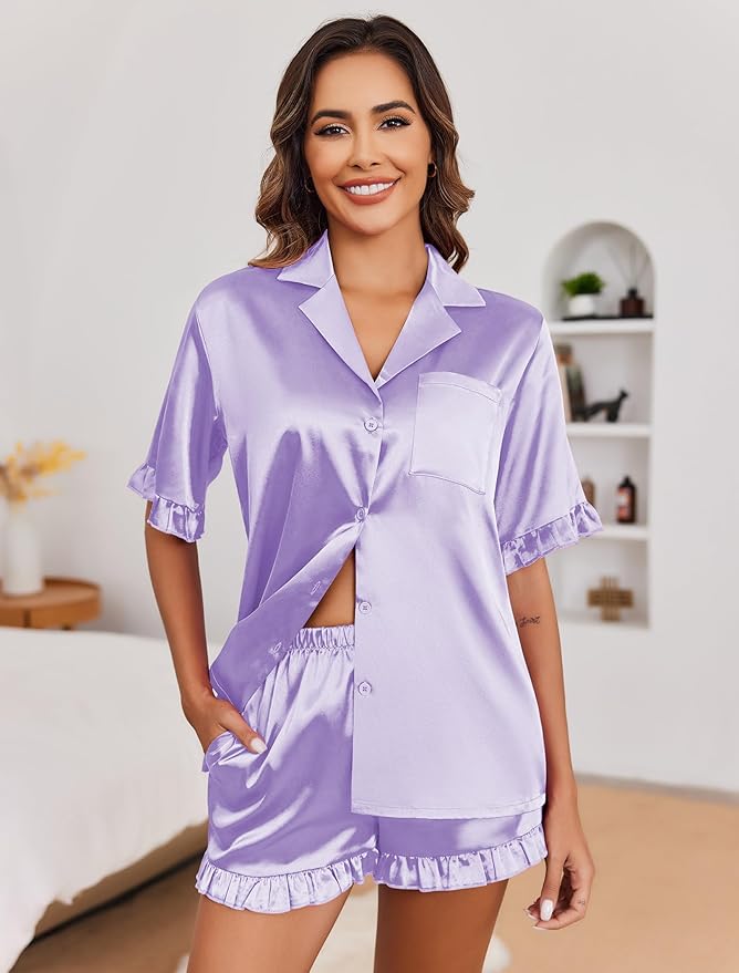 Ekouaer Satin Pajama Set for Women Button Down Silk 2 Piece Pj Sets Ruffle Short Sleeve Sleepwear