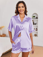 Ekouaer Satin Pajama Set for Women Button Down Silk 2 Piece Pj Sets Ruffle Short Sleeve Sleepwear