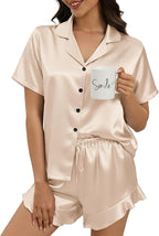 Silk Pajamas for Women Button Down 2 Piece Satin Pjs Shorts Set Ruffle Notch Collar Sleepwear Loungewear