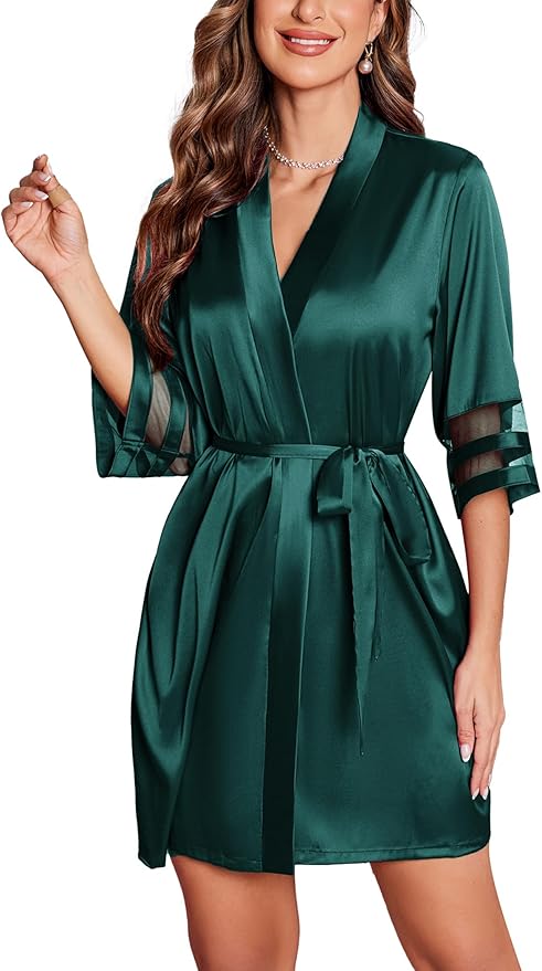 Ekouaer Women's Satin Robe Silk Kimono Bathrobe Bridesmaid Wedding Bridal Party Robes 3/4 Bell Sleeve Sleepwear S-XXL