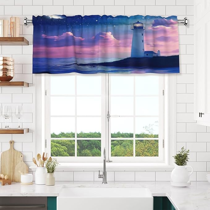 Moonlit Lighthouse Under Starry Night Sky Curtain Valance Peach Skin Velvet Printed Window Valance with Rod Pocket Light Filtering for Kitchen Bathroom 54x18in