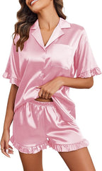 Ekouaer Satin Pajama Set for Women Button Down Silk 2 Piece Pj Sets Ruffle Short Sleeve Sleepwear