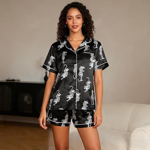 ASTANFY Silk Satin Pajama Set Womens Silk Satin 2 Piece Pjs Shorts Sleepwear Christmas Button Down Shirt Bride Pj Lounge Sets