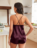 EKOUAER Silky Pajama Set for Women V-Neck Satin Camisole Lingerie Sets Party Loungewear Sleepwear