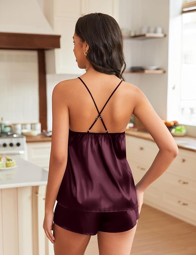 EKOUAER Silky Pajama Set for Women V-Neck Satin Camisole Lingerie Sets Party Loungewear Sleepwear