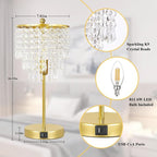 Touch Control Crystal Table Lamp with USB C+A Ports, 3-Way Dimmable Gold Lamp, Bedside Light with Crystal Shade, Girls Lamp for Bedroom, Living Room, Teens Room, Dresser, 6W LED Bulb Included