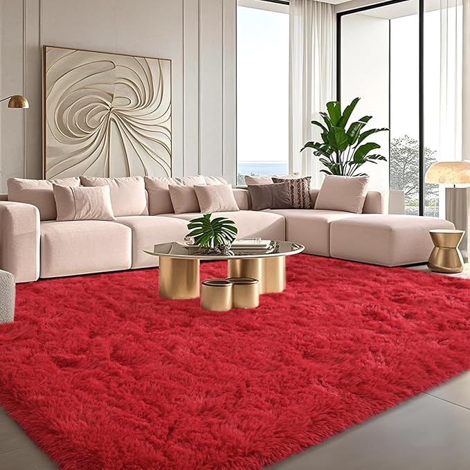 Large Soft Fluffy Rugs for Living Room, 8x10 Feet, Red Faux Fur Area Rug - Plush Non-Slip Shag Shaggy Carpet for Bedroom, Kids Boys Girls Dorm Nursery Room