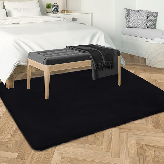 Faux Rabbit Fur Rug 4x6 Fluffy Black Rug for Bedroom Nursery Sofa Carpet for Living Room Fuzzy Washable Area Rug