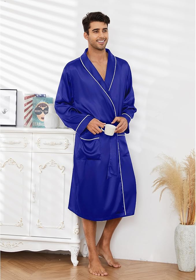 Vulcanodon Men’s Satin Robe Lightweight,Men's Luxurious Silk Kimono Bathrobe