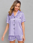 SWOMOG Womens Silk Satin Pajamas Set Short Sleeve Sleepwear Button Down Top and Shorts Loungewear 2 Piece Pjs Set XS-3XL