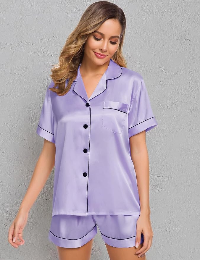 SWOMOG Womens Silk Satin Pajamas Set Short Sleeve Sleepwear Button Down Top and Shorts Loungewear 2 Piece Pjs Set XS-3XL