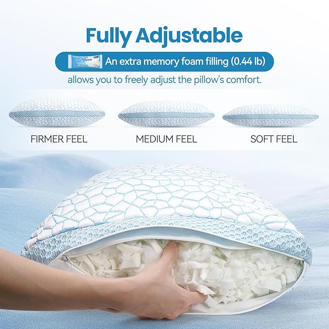 QUTOOL Cooling Pillows for Hot Sleeping, Shredded Memory Foam Pillows Standard Size Set of 1,Adjustable Soft & Firm Gel Bed Pillow for Side, Back, Stomach Sleepers