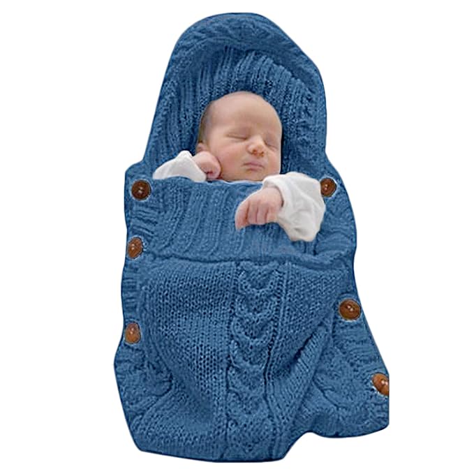 XMWEALTHY Newborn Baby Wrap Swaddle Blanket Knit Sleeping Bag Receiving Blankets Stroller Wrap for Baby Blue 0-6 Month