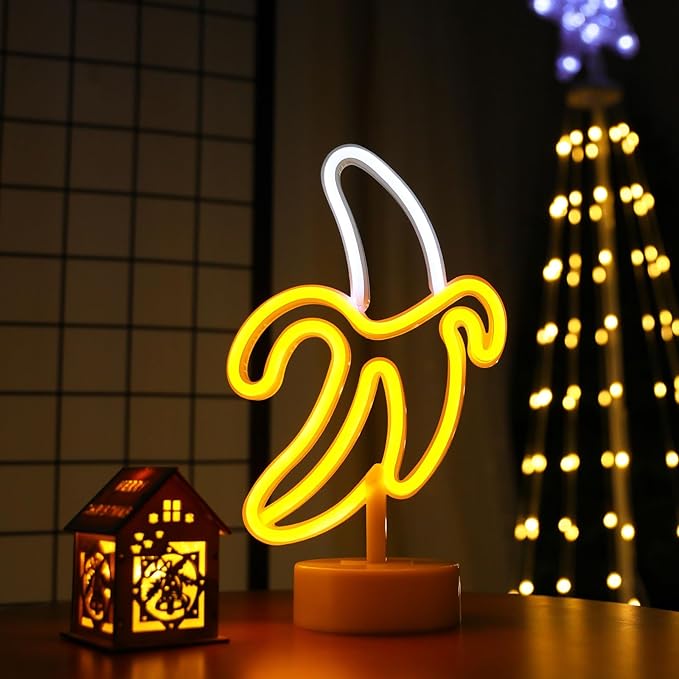 ENUOLI Banana Neon Sign, LED Light Banana Neon Sign Decoration Art Lamp for Bedroom Kids Room Christmas Birthday Wedding Party, 11.8 x 7.08 inches, Yellow, Plastic