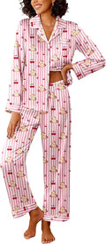 Ekouaer Womens Silk Satin Pajama Sets 2 Piece Sleepwear Pjs Set Long Sleeve Button Down Top and Pants Stripe Loungewear S-XXL