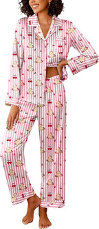 Ekouaer Womens Silk Satin Pajama Sets 2 Piece Sleepwear Pjs Set Long Sleeve Button Down Top and Pants Stripe Loungewear S-XXL