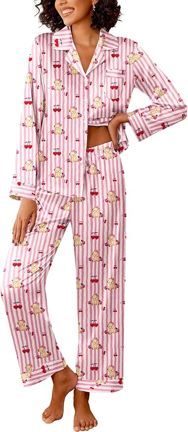Ekouaer Womens Silk Satin Pajama Sets 2 Piece Sleepwear Pjs Set Long Sleeve Button Down Top and Pants Stripe Loungewear S-XXL