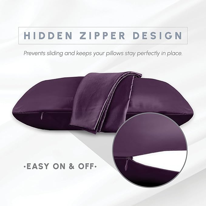 Elegant Comfort 2-Pack Cooling Viscose Satin Pillowcase Set with Hidden Zipper Closure, Silky Smooth for Best Hair and Skin Care-Beautiful Gift Box-2-Piece Satin Pillowcase Set, King, Purple