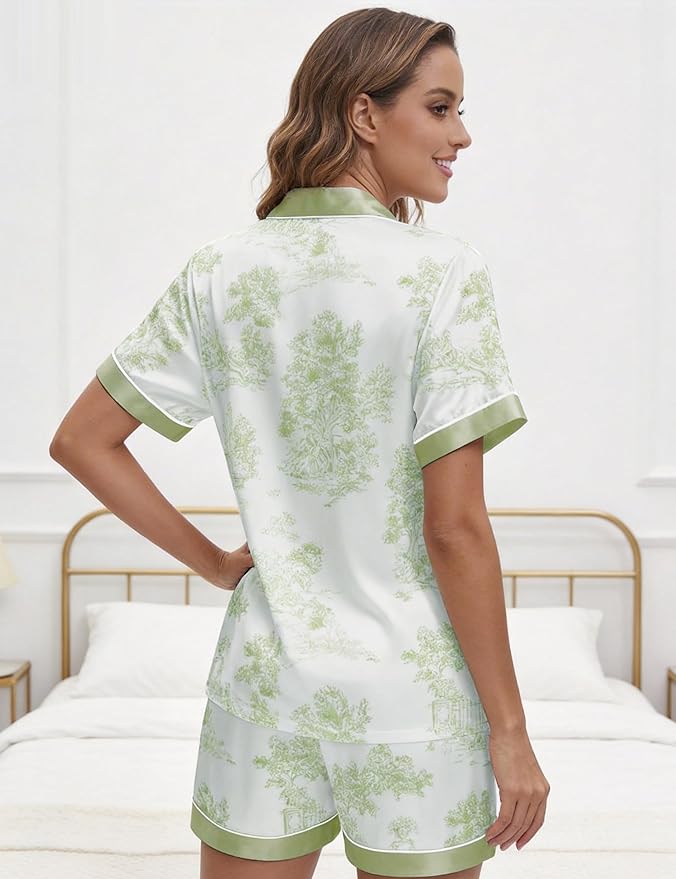EPLAZA Silk Pajamas for Women Satin Pajamas Set 5 Pcs Long Sleeve Print Pattern Button Down Pjs Sleepwear Loungewear Set