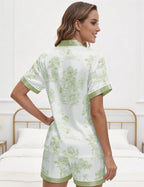 EPLAZA Silk Pajamas for Women Satin Pajamas Set 5 Pcs Long Sleeve Print Pattern Button Down Pjs Sleepwear Loungewear Set
