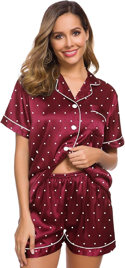 SWOMOG Womens Silk Satin Pajamas Set Short Sleeve Sleepwear Button Down Top and Shorts Loungewear 2 Piece Pjs Set XS-3XL