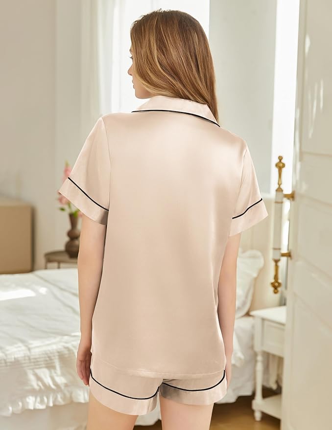 Silk Pajamas for Women Short Sleeve Sleepwear Soft Button Down Loungewear 2 Piece Satin Pjs Shorts Set S-XXL