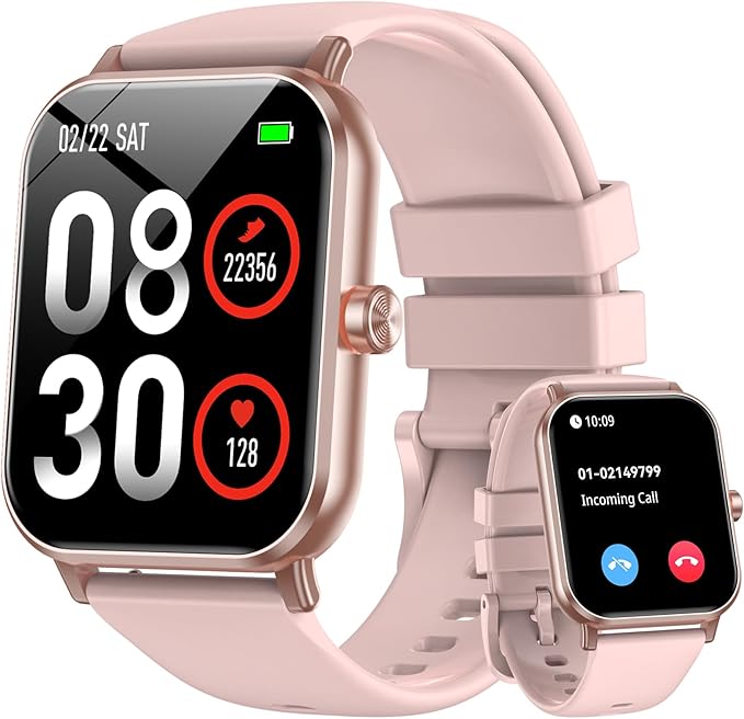 Smart Watch for Men Women, 1.85" HD Fitness Tracker with Bluetooth Calls, 5 ATM Waterproof, 130+ Sport Modes, 24/7 Heart Rate/Sleep Monitor, Pedometer, Calories, Smartwatch for Android iOS (Pink)