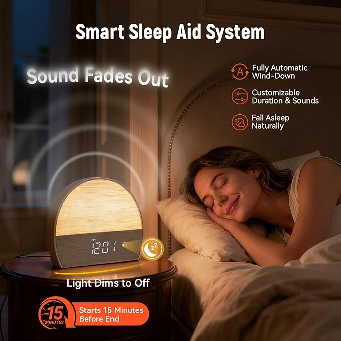 Sunrise Alarm Clock for Heavy Sleepers & Adults, Wake Up Light with Bluetooth Speaker, White Noise Machine with 30 Soothing Sounds, FM Radio, Dual Alarms, Dimmable Clock, Smart Touch Screen