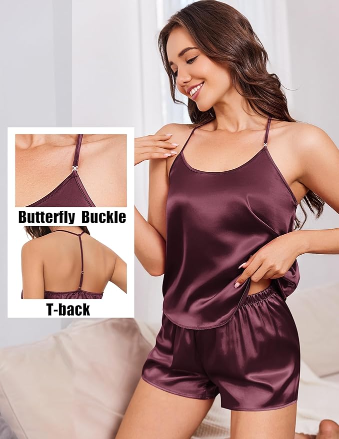 Ekouaer Silk Satin Pajamas Set for Women T-back Lingerie Pjs Cami Top and Shorts Sleepwear Gift for Honeymoon Party