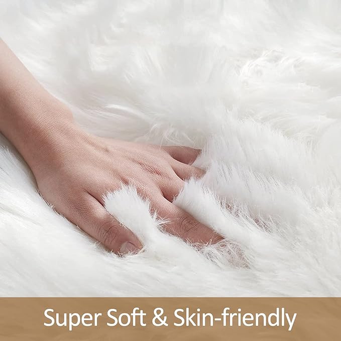 White Faux Fur Sheepskin Rug 6x9 Fuzzy Fur Rug Fluffy Carpet for Living Room Bedroom Luxury Room Decor, Washable Large Area Rugs for Kids Room Nursery Playroom