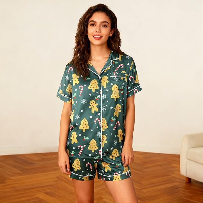 ASTANFY Silk Satin Pajama Set Womens Silk Satin 2 Piece Pjs Shorts Sleepwear Christmas Button Down Shirt Bride Pj Lounge Sets