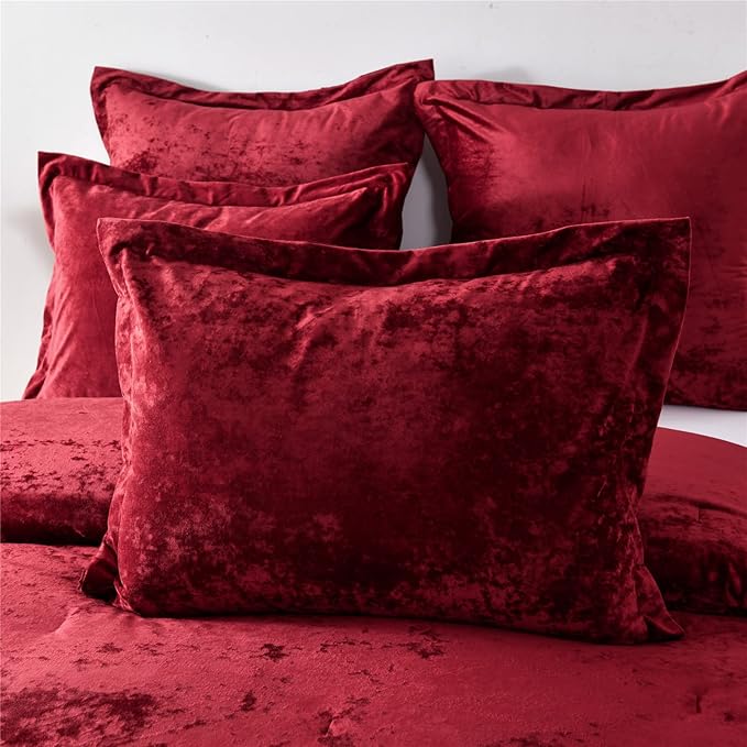 Fredsure Distressed Velvet Comforter Set, 5 Pieces Burgundy Red King, Distressed Velvet Face and Brushed Microfiber Reverse