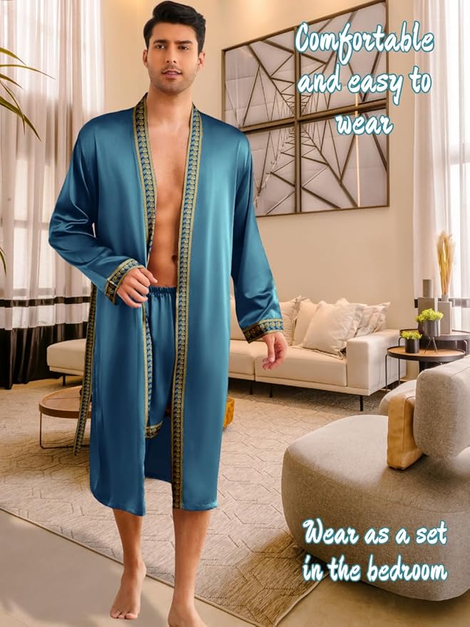 ChiaoLezhee Mens Satin Bath Robe with Shorts Set, Silk Paisley Kimono Lightweight, Soft Long Sleeve Sleepwear