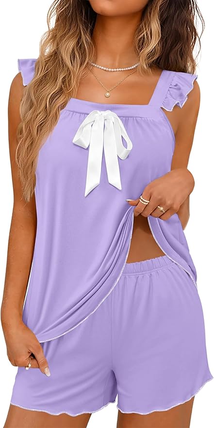 Ekouaer Women's Pajamas Sets 2 Piece Bow Bridal Pajama Cute Tank Top and Shorts Pjs Soft Ruffle Sleepwear XS-2XL