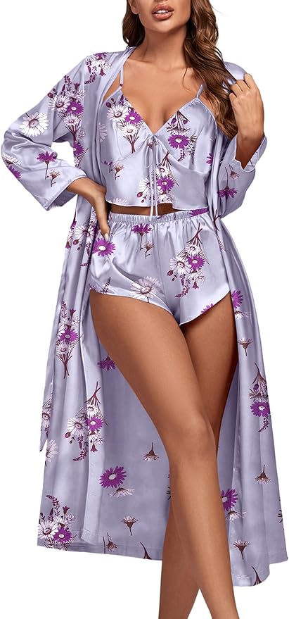 OPOIPIN Women's 3 Piece Pajama Set Sexy Cami Top and Shorts with Robe Sleepwear Loungewear Set