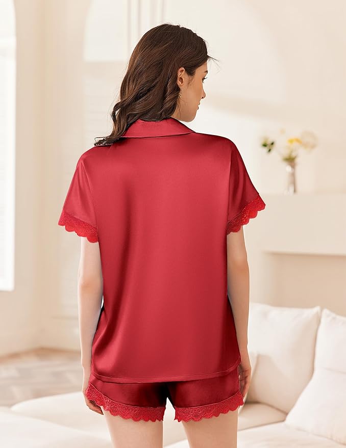 Ekouaer Womens Lace Satin Pajama Set Button Down Pj Shorts Set Bridesmaids Getting Ready Outfits Casual Sleepwear XS-XXL