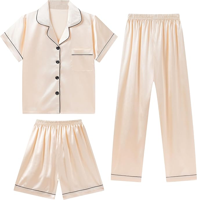 DIPUG 3 Piece Girls Silk Pajamas Set Soft Satin PJs Sleepwear for Comfortable Nights