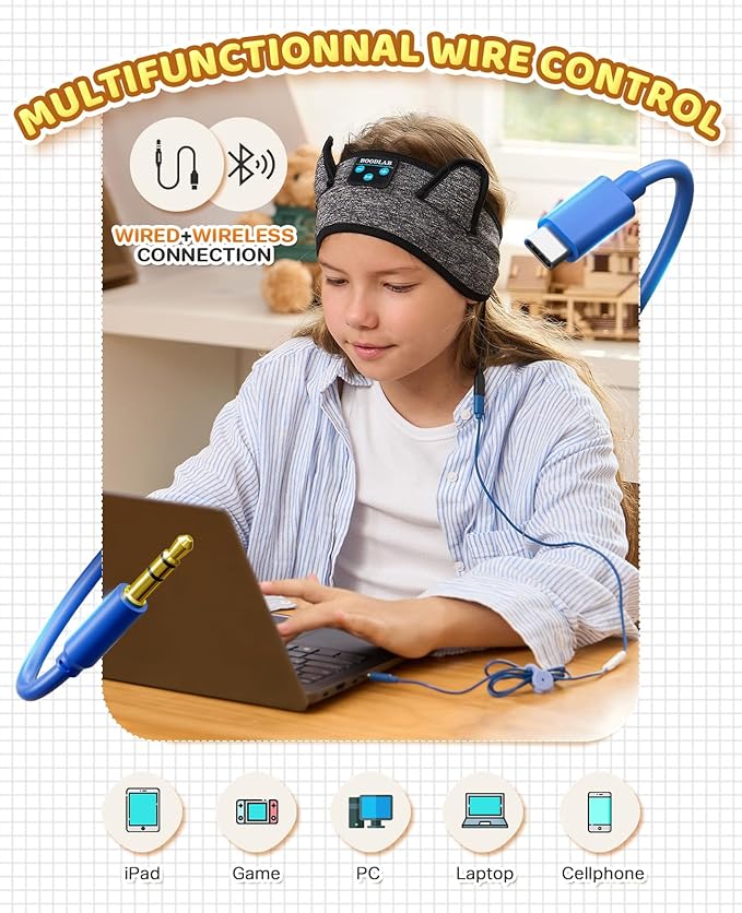Kids Headband Headphones-Toddler Wireless Bluetooth Headphones with Safe Volume, Wired 3.5mm Jack, Adjustable Sleep Headband-for School/Airplane Travel/Tablet/Kindle, with Travel Bag - Boys & Girls